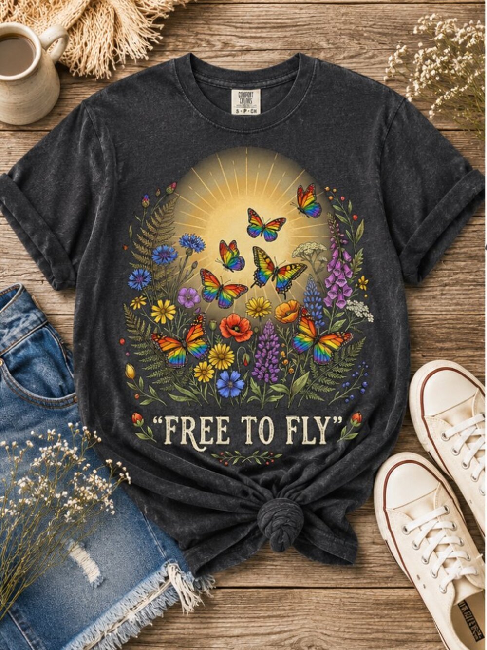 Comfort Colors 1717 | Free to Fly | Butterfly Floral Tee | Inspirational Shirt